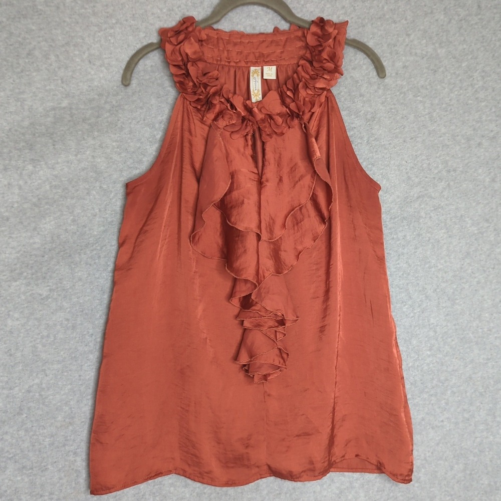 New Adiva Womens M Ruffle Mock Neck Sleeveless Top Burnt Orange Blouse Coquette